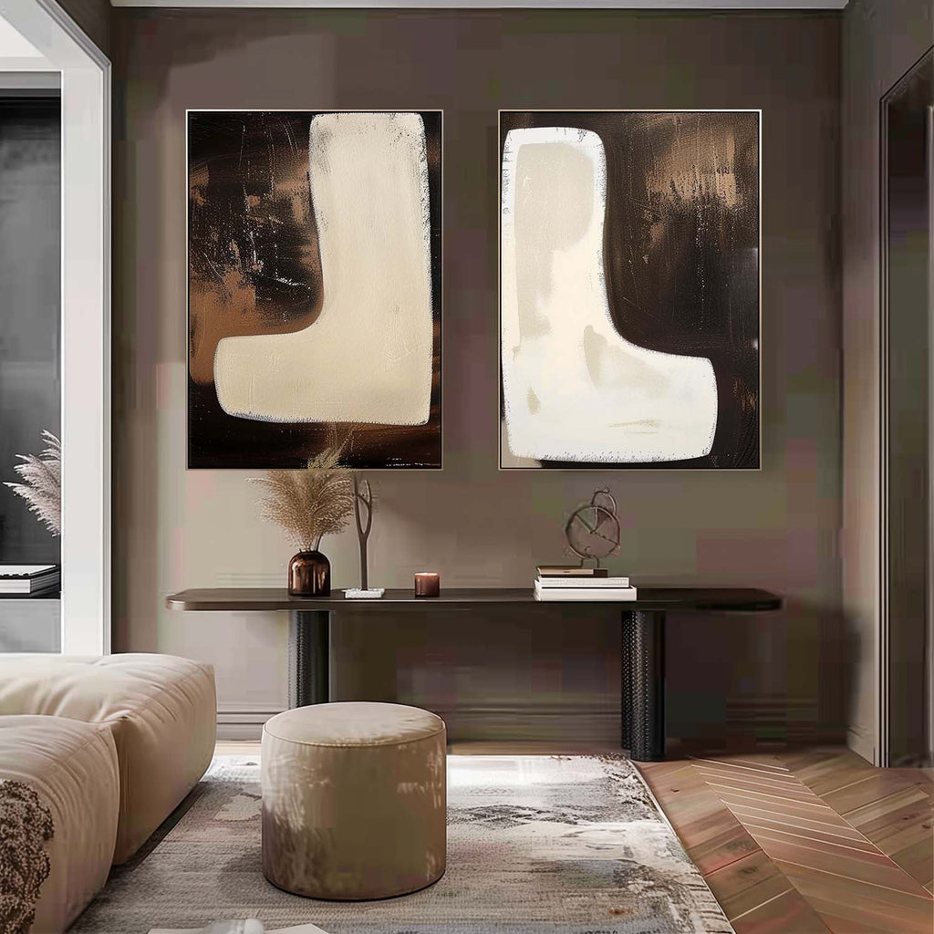 2 Piece Set Dark Brown Diptych Oil Painting