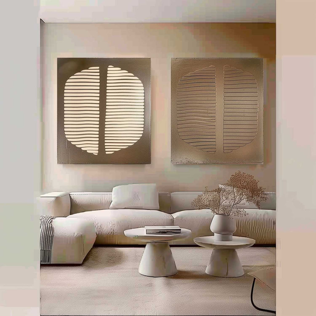 2 Piece Set Brown Beige Textured Diptych Oil Painting