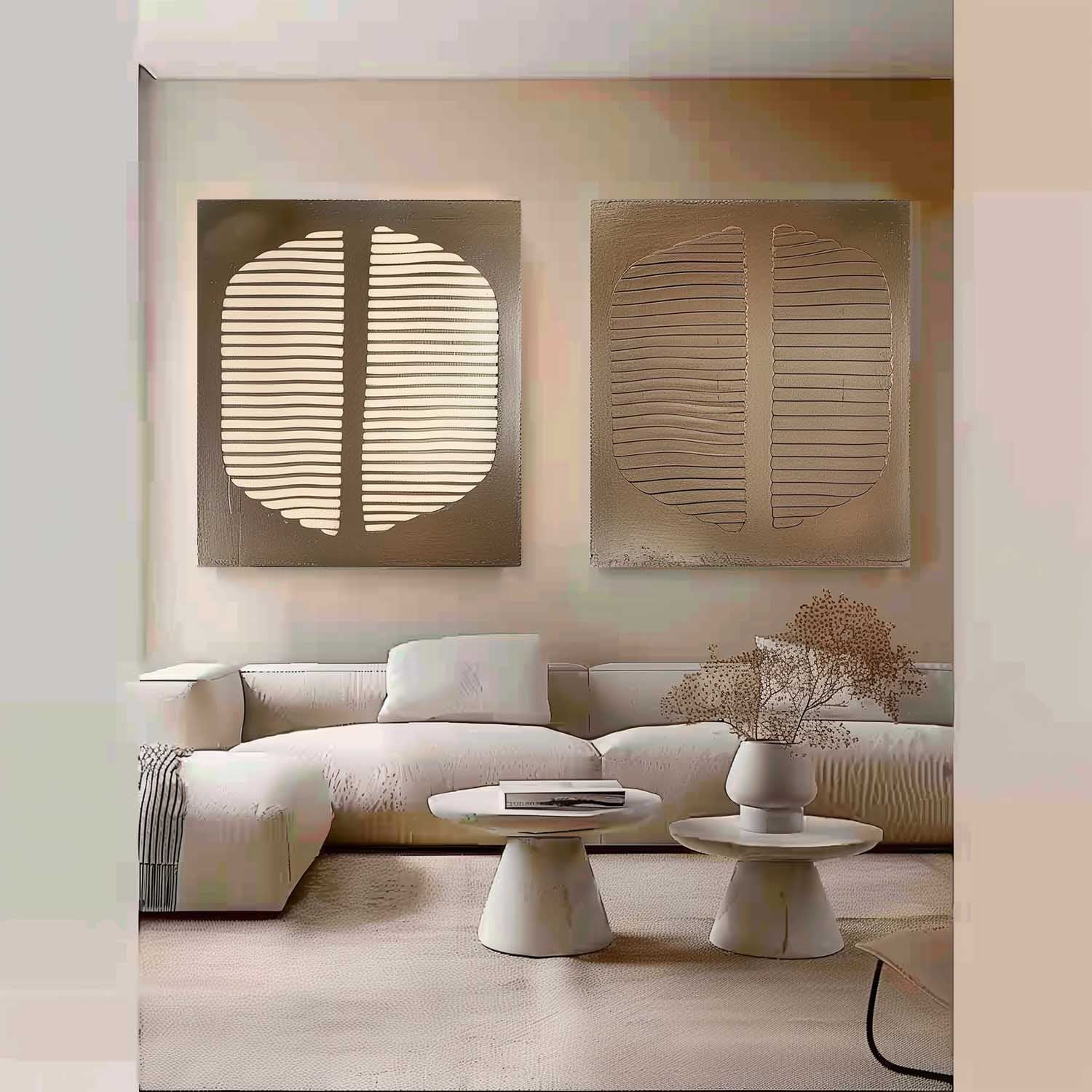 2 Piece Set Brown Beige Textured Diptych Oil Painting