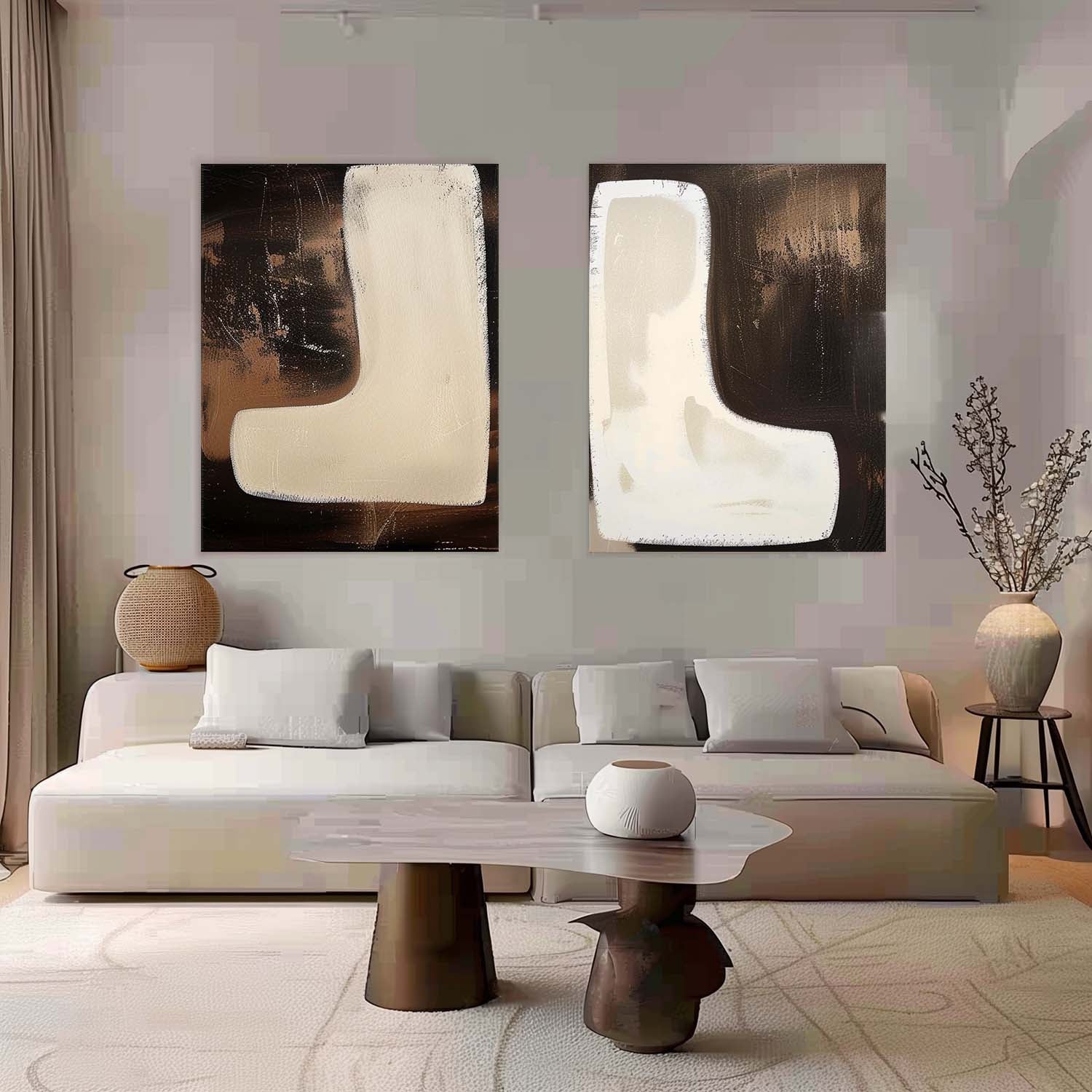 2 Piece Set Dark Brown Diptych Oil Painting
