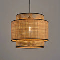 Ritta Wabi Sabi Tri-Layer Cylindrical Rattan/Metal Pendant Light, Wooden