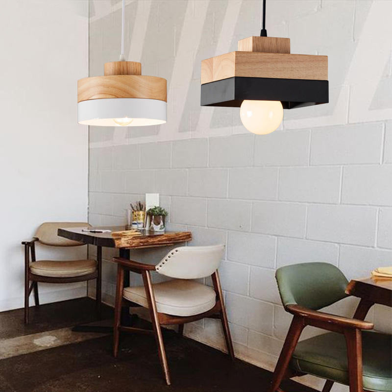 Aria Minimalist Black & White Wood Geometric Pendant Light