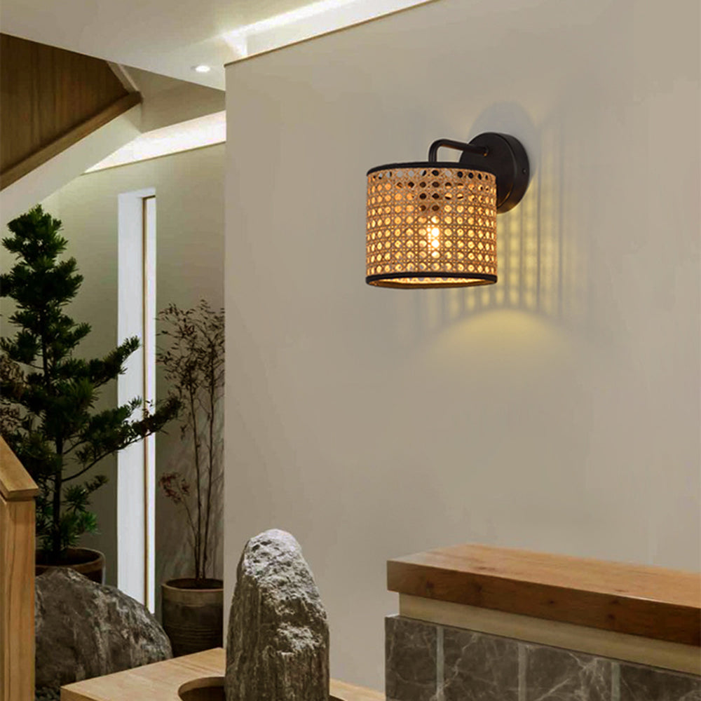Muto Rustic Cylindrical Rattan/Metal Wall Lamp, Brown