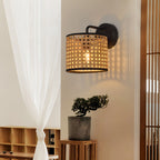 Muto Rustic Cylindrical Rattan/Metal Wall Lamp, Brown