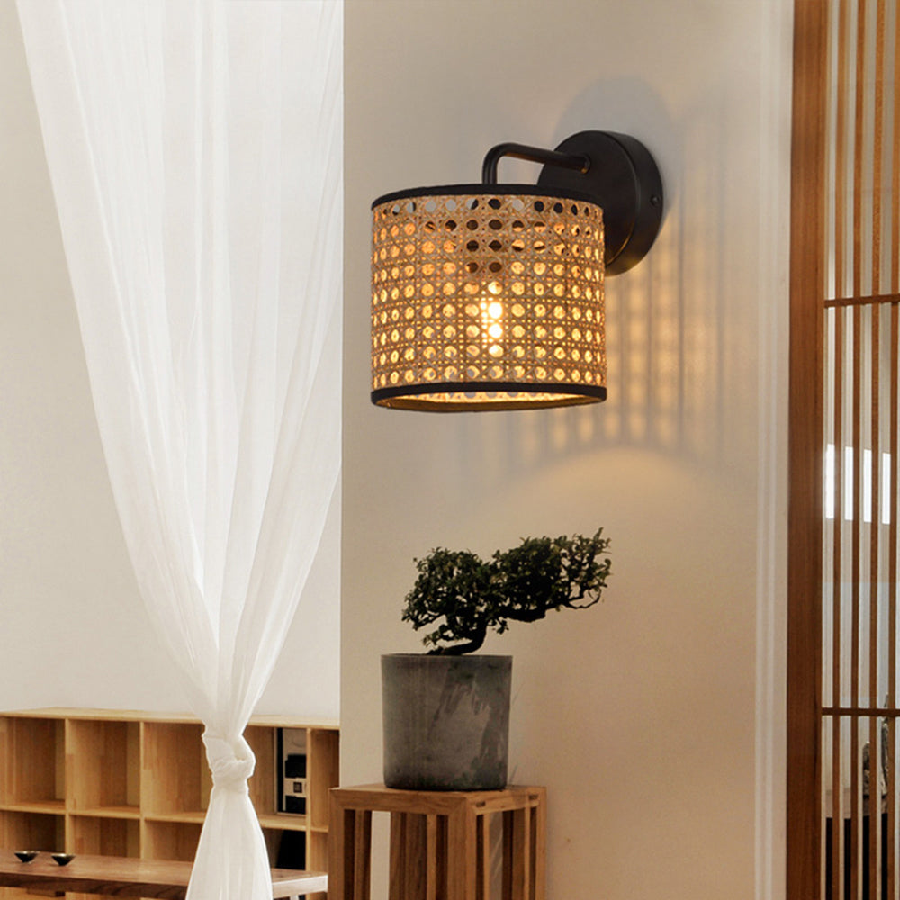 Muto Rustic Cylindrical Rattan/Metal Wall Lamp, Brown