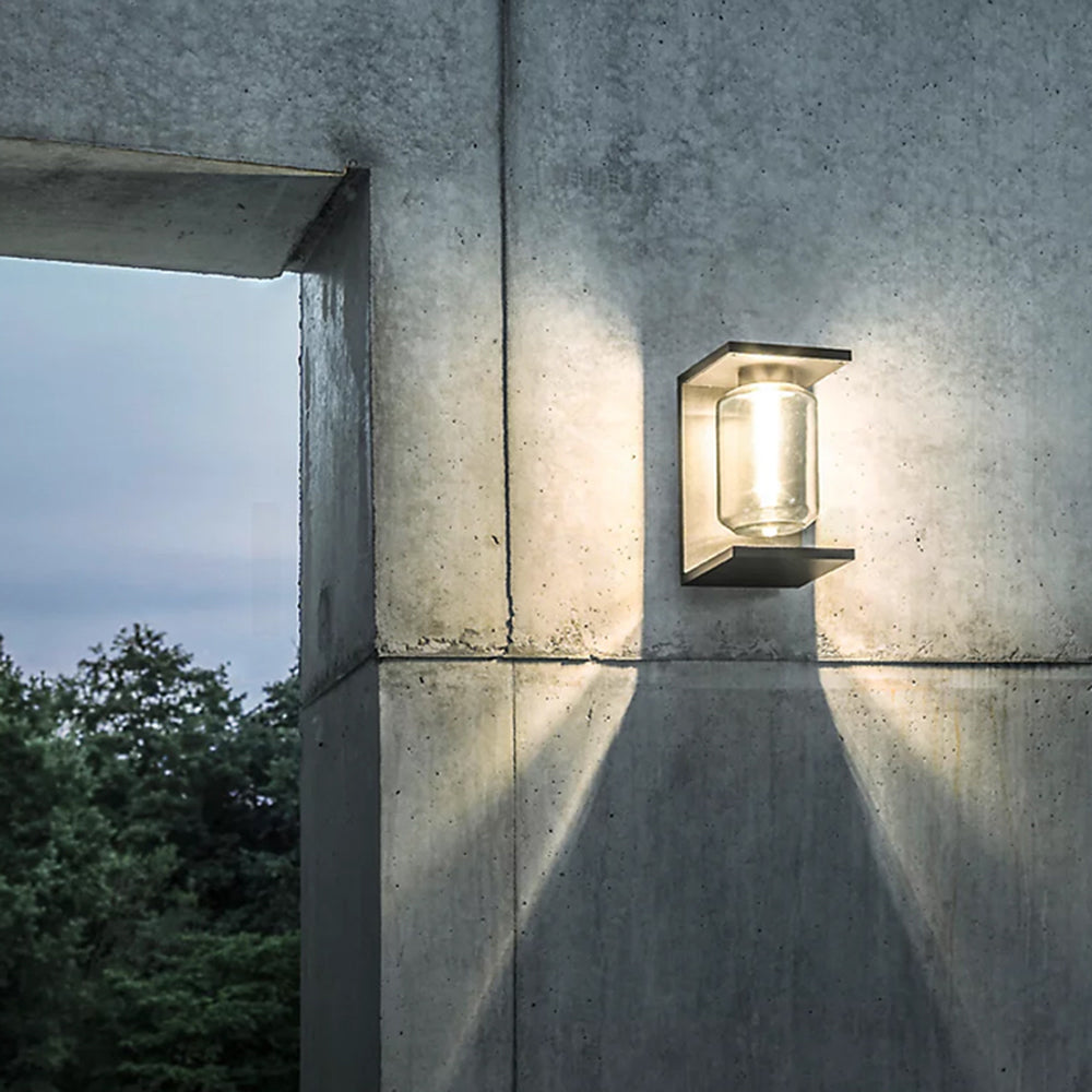 Ray Modern Rectangular Metal/Glass Lantern Solar Outdoor Waterproof Wall Lamp，Black/Grey