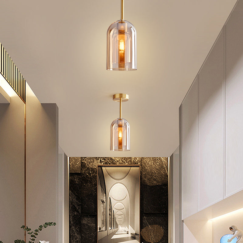 Valentina Modern Cylinder Semi-Flush Mount Clear Glass Ceiling Light, Cognac/Grey