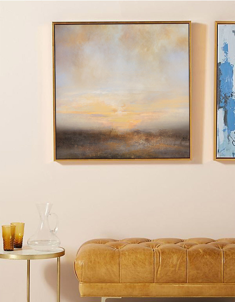 Neutral Beige Sunset Landscape Oil Painting