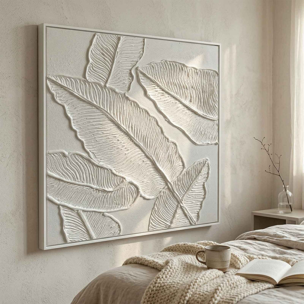 Plaster Art White 3D Leaf Texture Painting