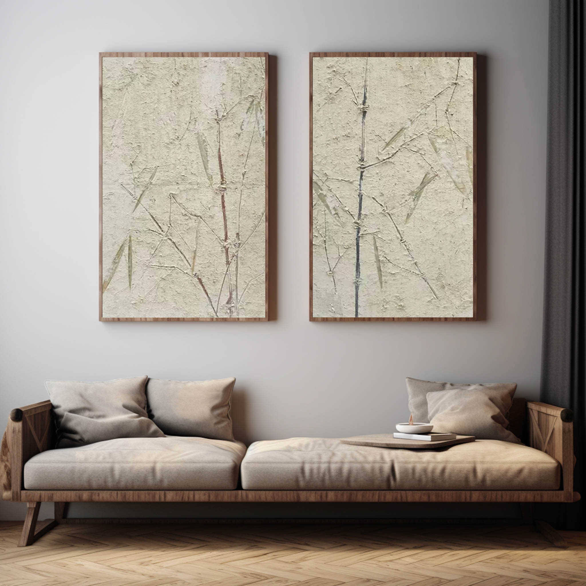 Wabi-Sabi Bamboo Diptych Bas-Relief Painting Set