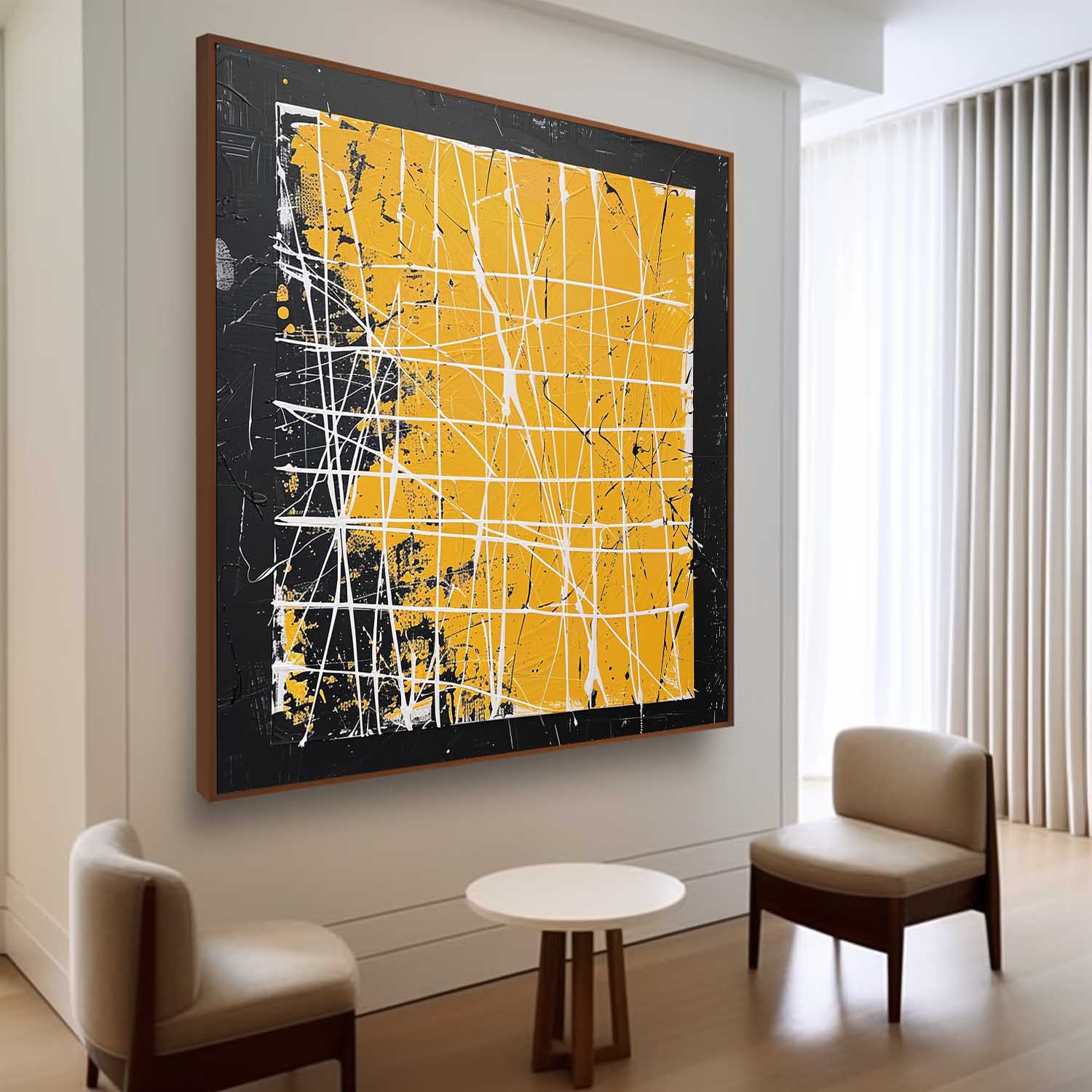 Bold Yellow Oil Painting White Grid-Lines Framed