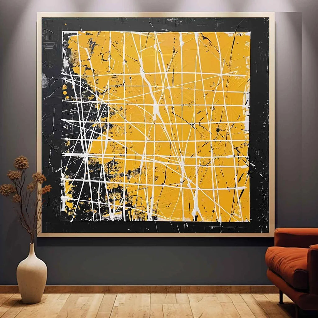 Bold Yellow Oil Painting White Grid-Lines Framed