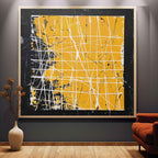 Bold Yellow Oil Painting White Grid-Lines Framed