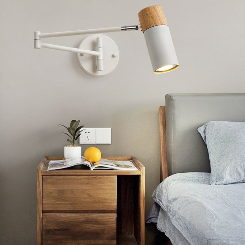 Muto Nordic Can Shaped Adjustable Wall Lamp, Metal/Wood, White