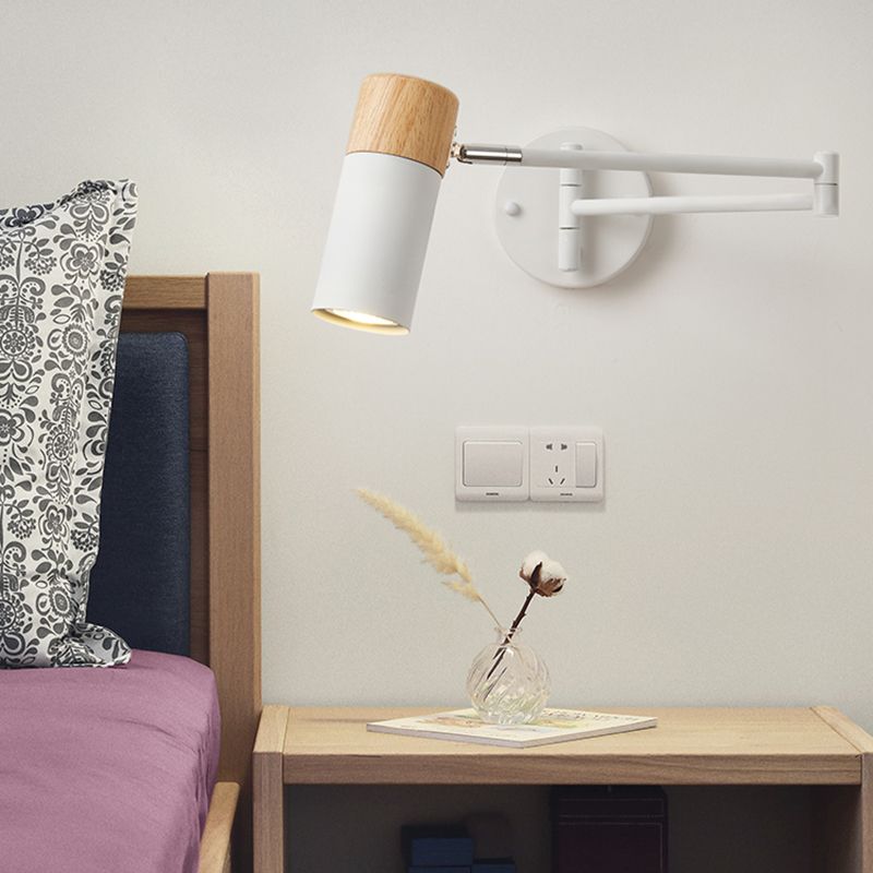 Muto Nordic Can Shaped Adjustable Wall Lamp, Metal/Wood, White