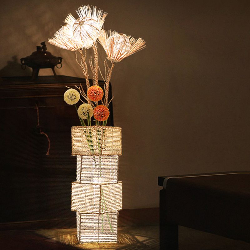Ritta Retro Vase Wood Rattan Floor Lamp, White/Brown