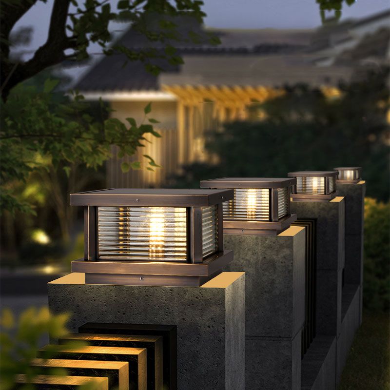 Ray Modern Rectangular Metal Outdoor Solar Lamp, Black/ Brass/Bronze