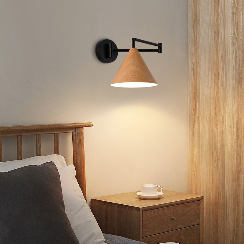 Muto Cone Shaped Adjustable Wall Lamp, Metal/Wood, Bedroom