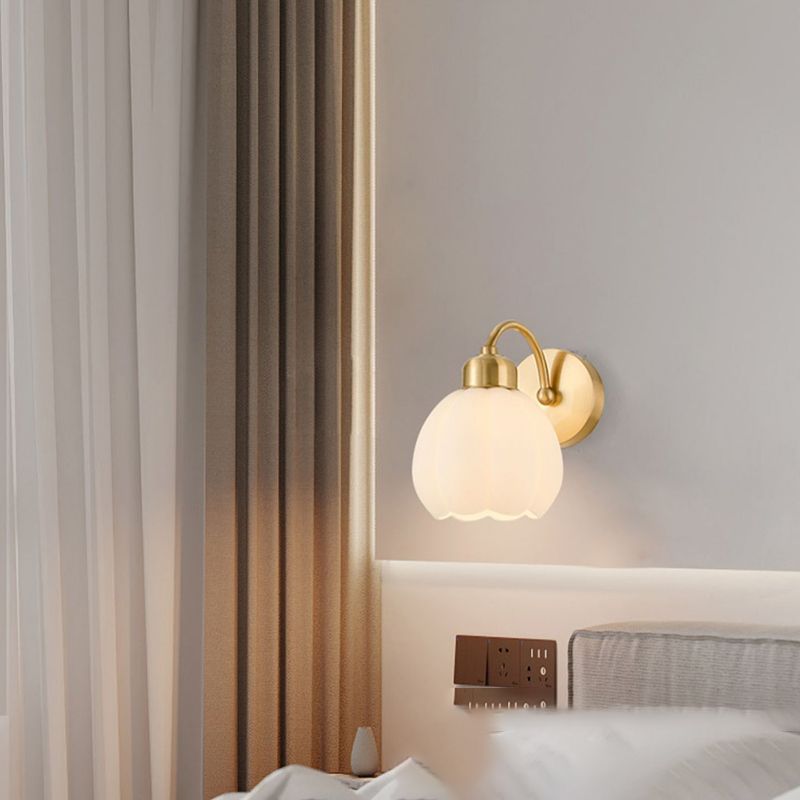 Valentina Nordic Flower Vanity Glass Metal Wall Lamp, Gold/Ivory
