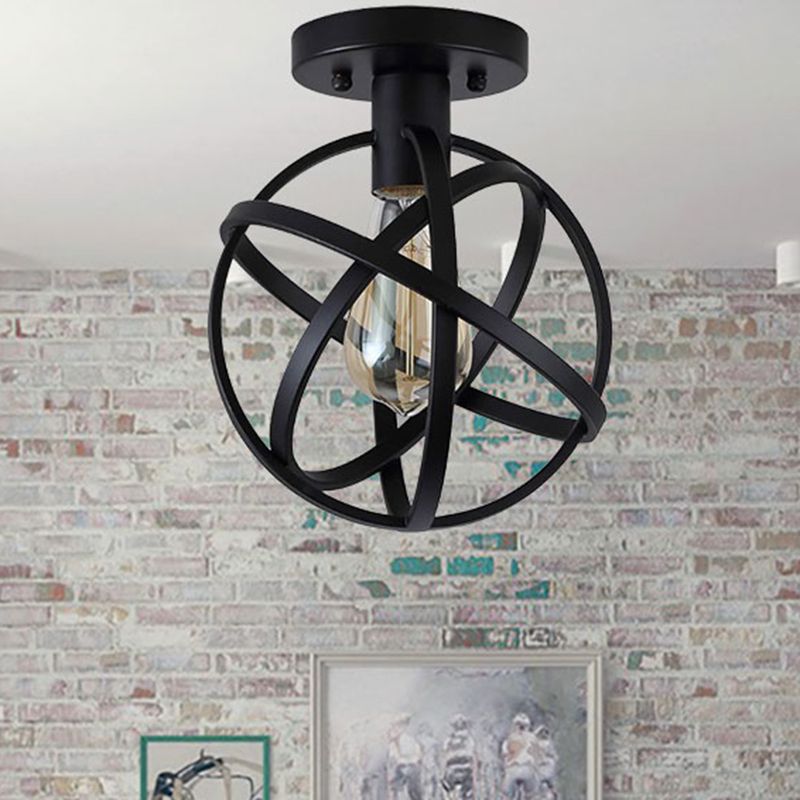 Arisha Retro Globe Lantern Metal Flush Mount Ceiling Light, Balck
