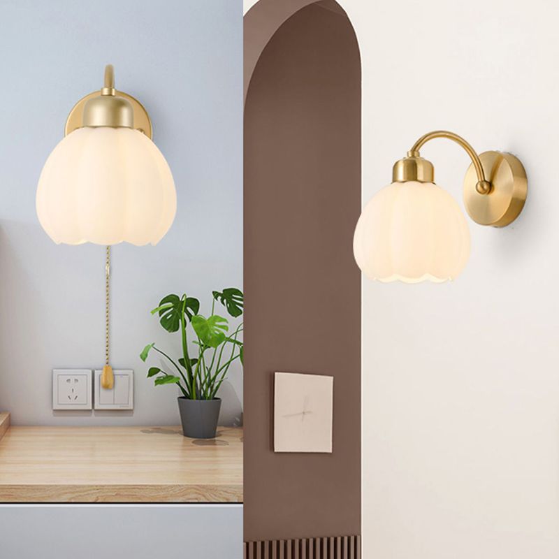Valentina Nordic Flower Vanity Glass Metal Wall Lamp, Gold/Ivory