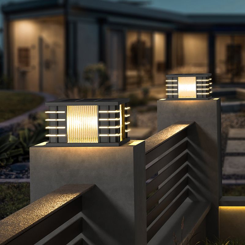 Ray Modern Square Metal Glass Outdoor Solar Floor Lamps, Black