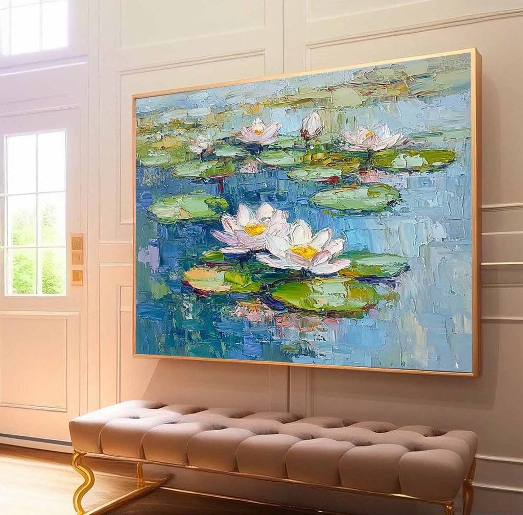 Impasto Water Lily Painting Serene Blue & Green