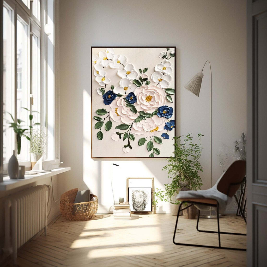 3D Impasto Floral Bouquet Painting White Blue