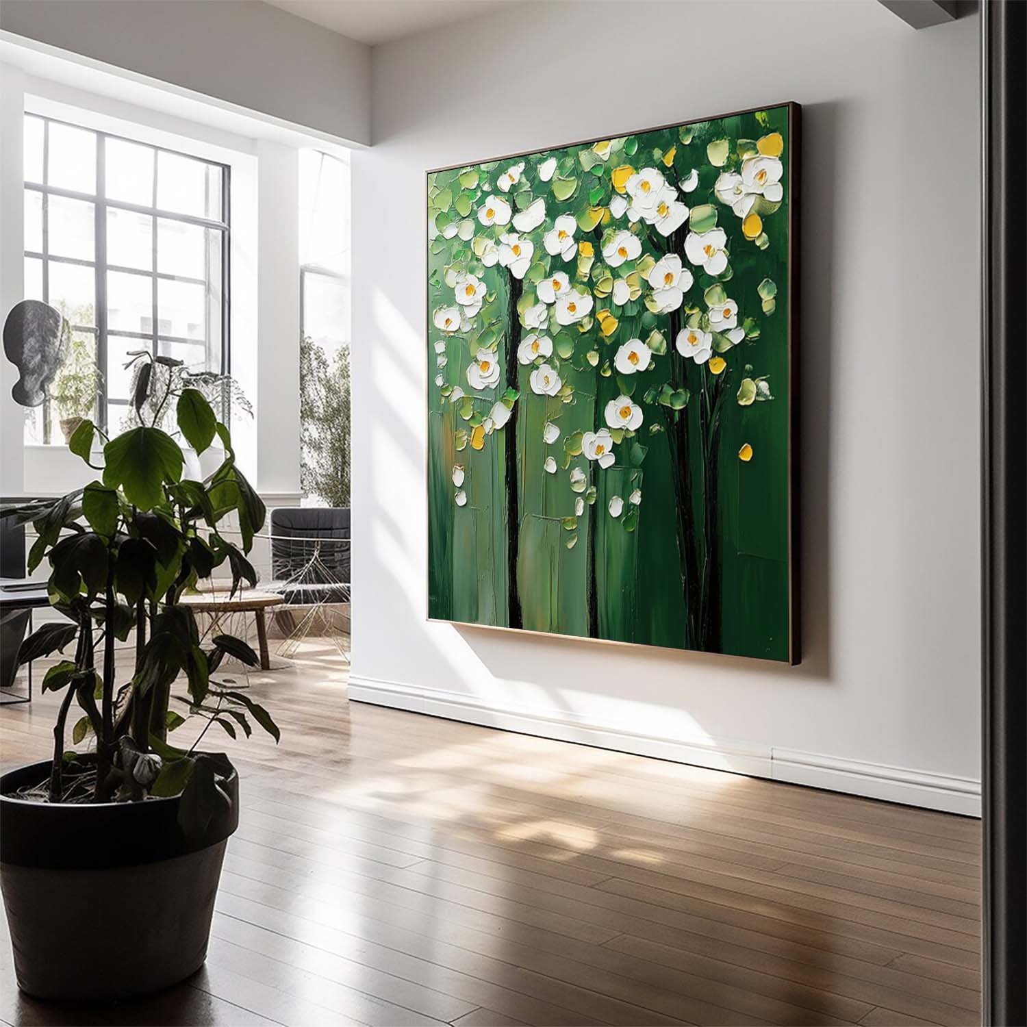Textured Floral Tree Oil Painting White Flowers Green