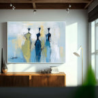 Three Stylized Figures In Blue And Yellow Gowns