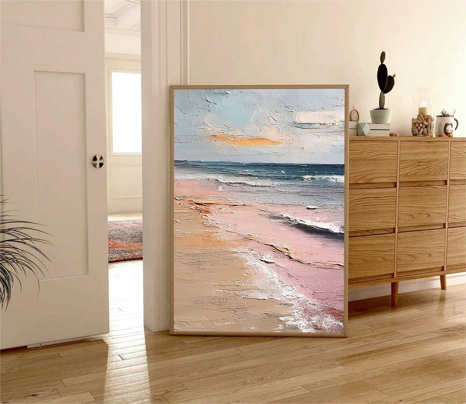 3D Pink Beach Oil Painting Coastal Landscape