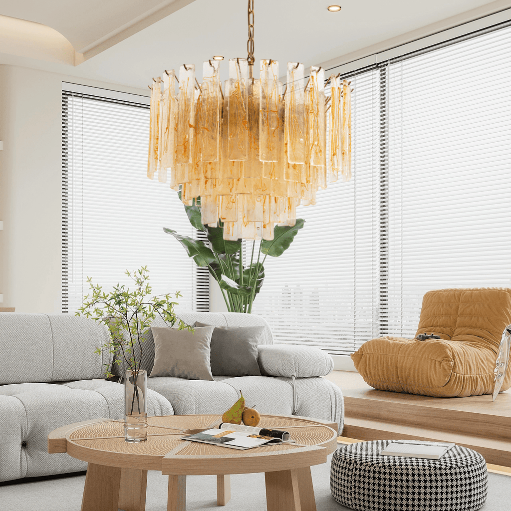 Aurora Chandelier Golden Amber Glass Layered Geometric Luxury