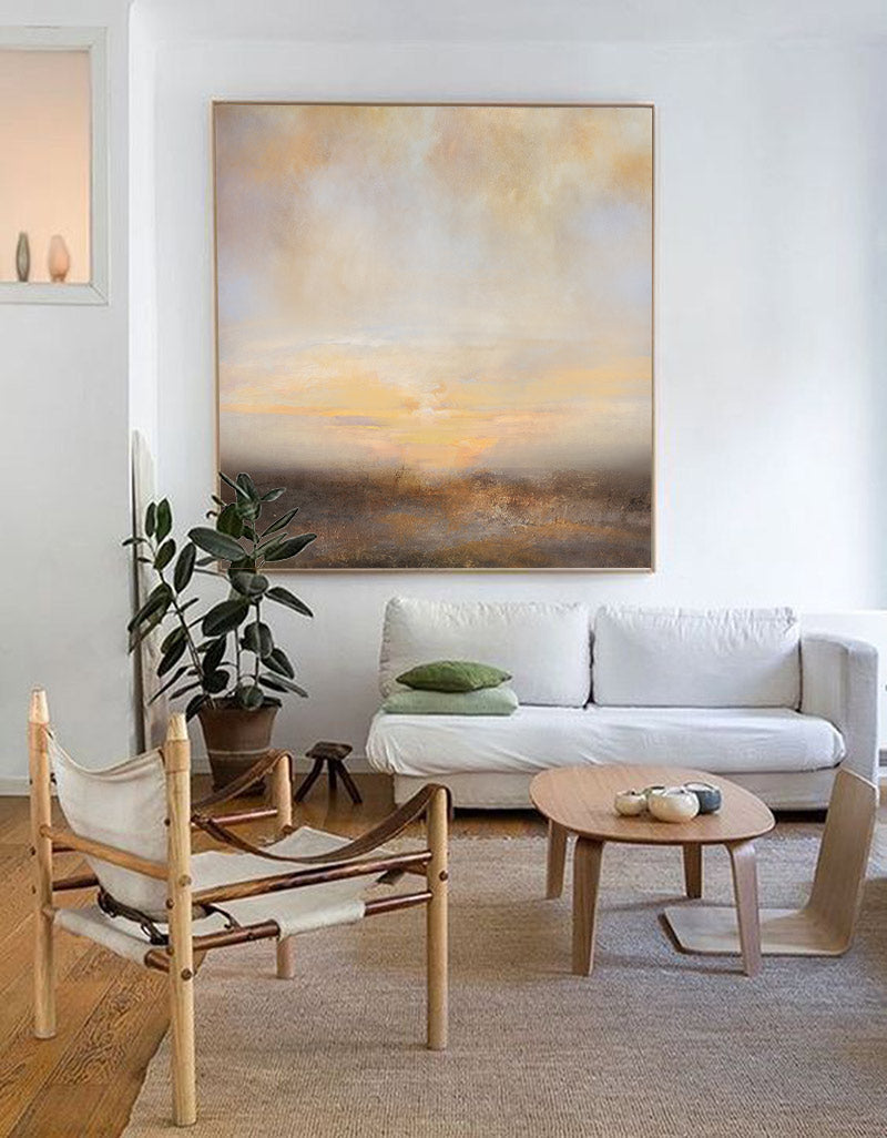 Neutral Beige Sunset Landscape Oil Painting