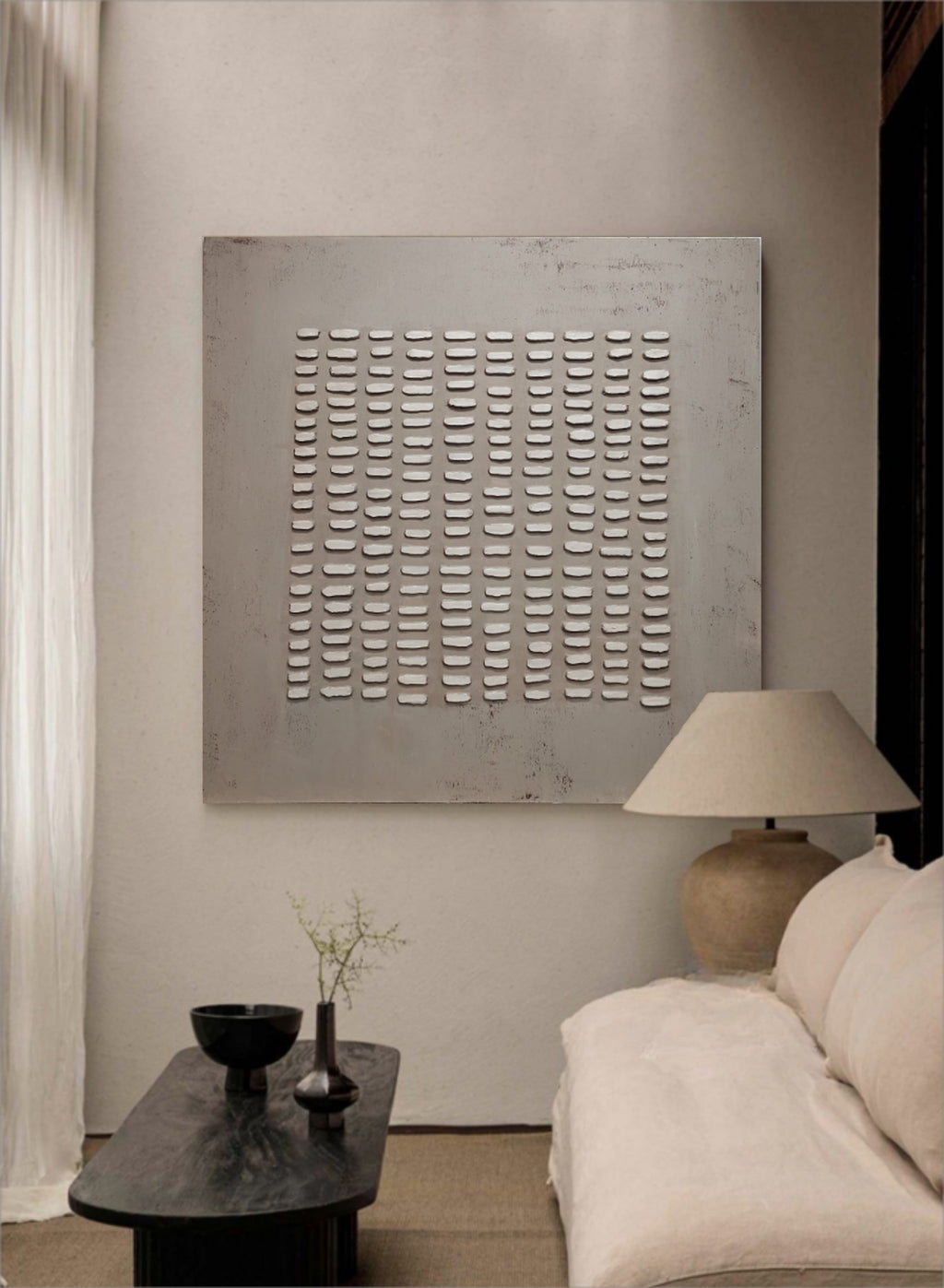 Minimalist 3D Textured Grid Painting Neutral Wall Art