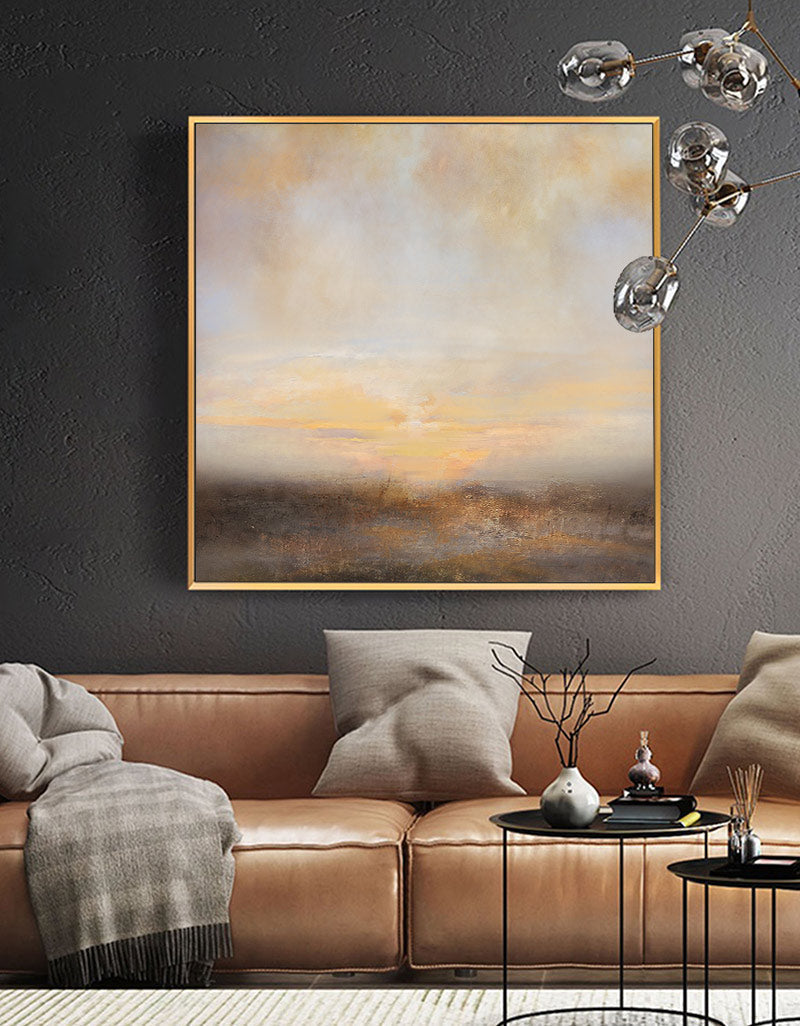 Neutral Beige Sunset Landscape Oil Painting