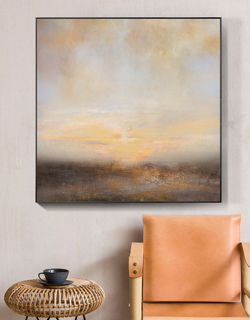 Neutral Beige Sunset Landscape Oil Painting