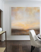 Neutral Beige Sunset Landscape Oil Painting