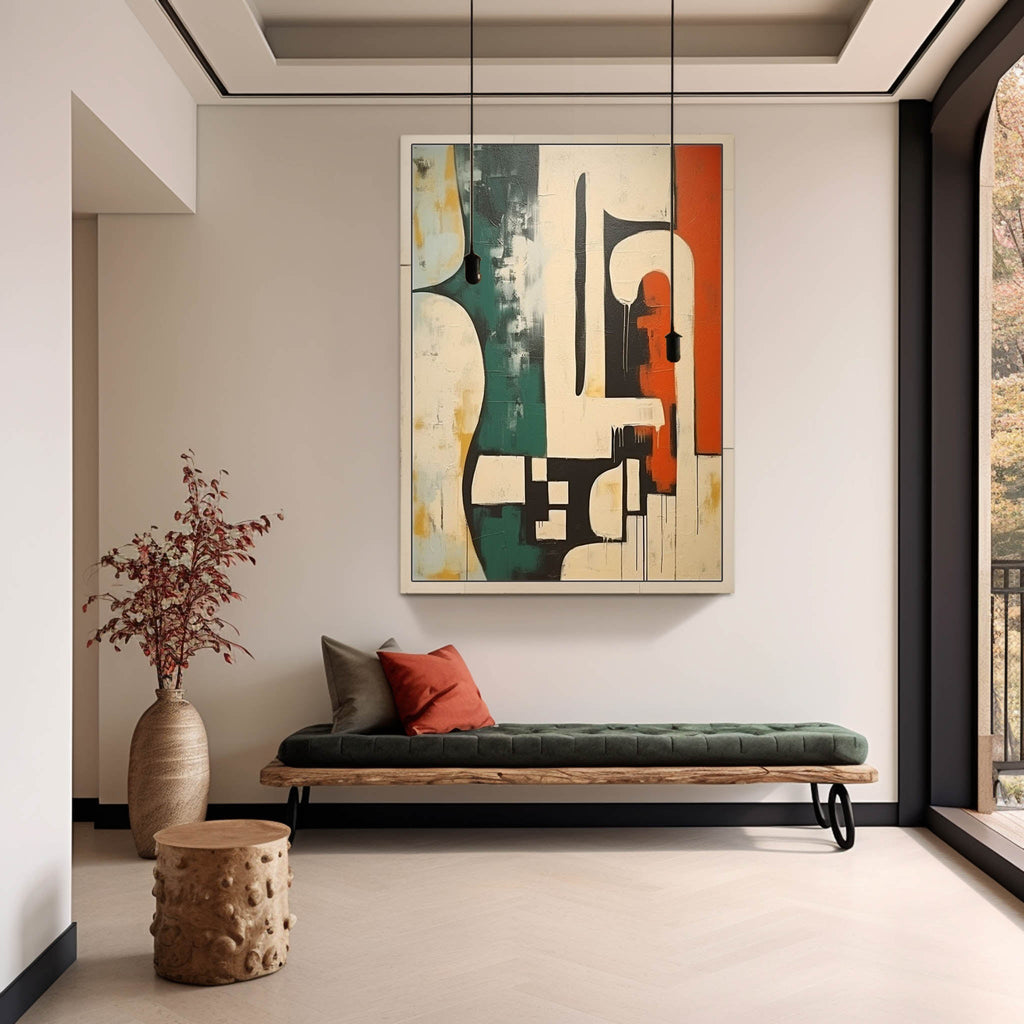 Geometric Abstract Green Orange Oil Painting