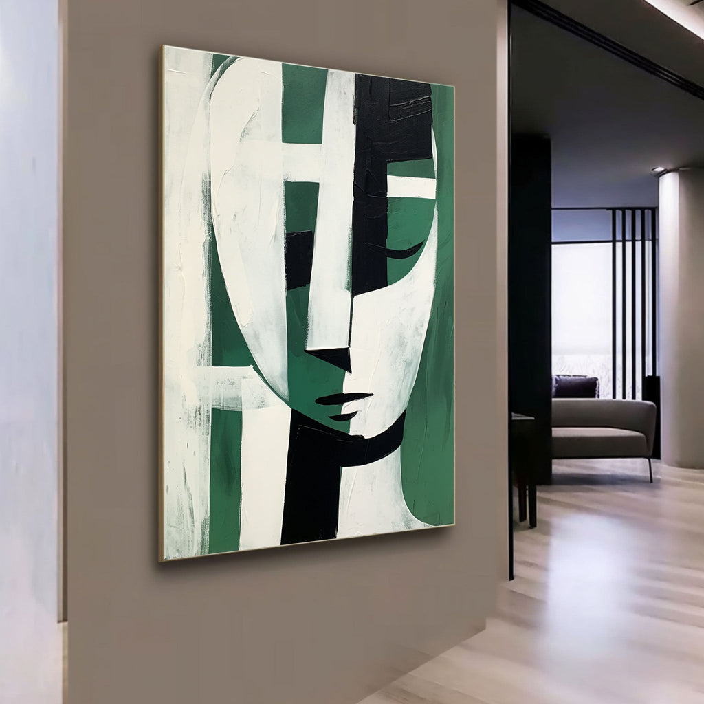 Stylized Geometric Oil Painting Textured Green Black White
