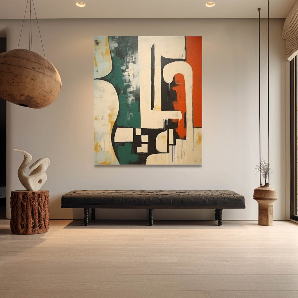 Geometric Abstract Green Orange Oil Painting