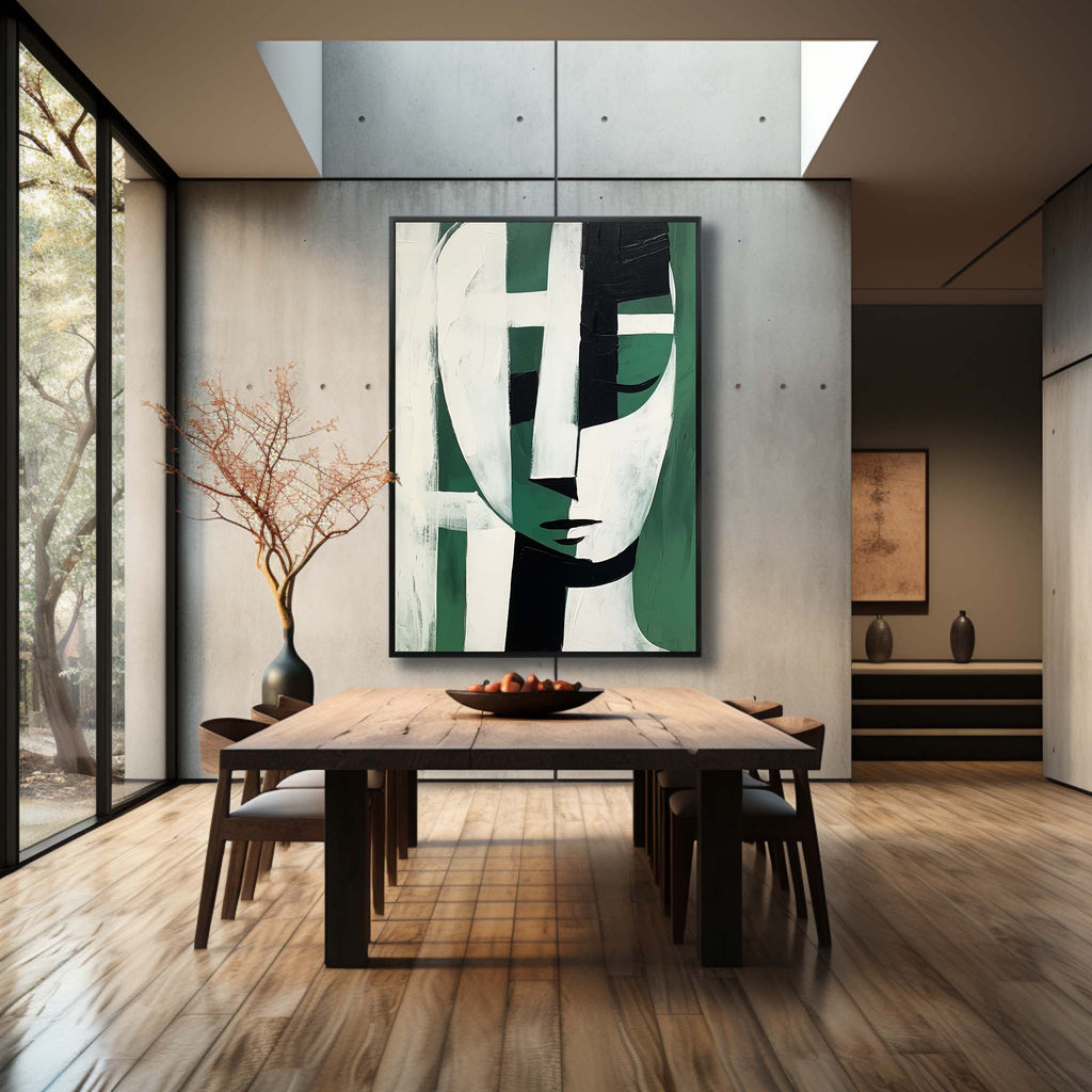 Stylized Geometric Oil Painting Textured Green Black White