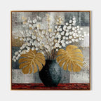 Gold Monstera White Blossoms Impasto Painting