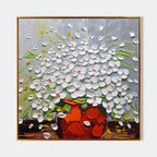 Impasto White Floral Art Oil Painting Red Vase