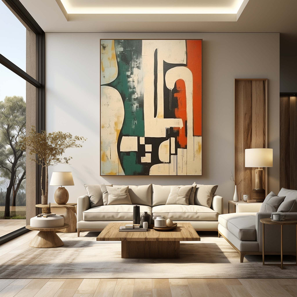 Geometric Abstract Green Orange Oil Painting