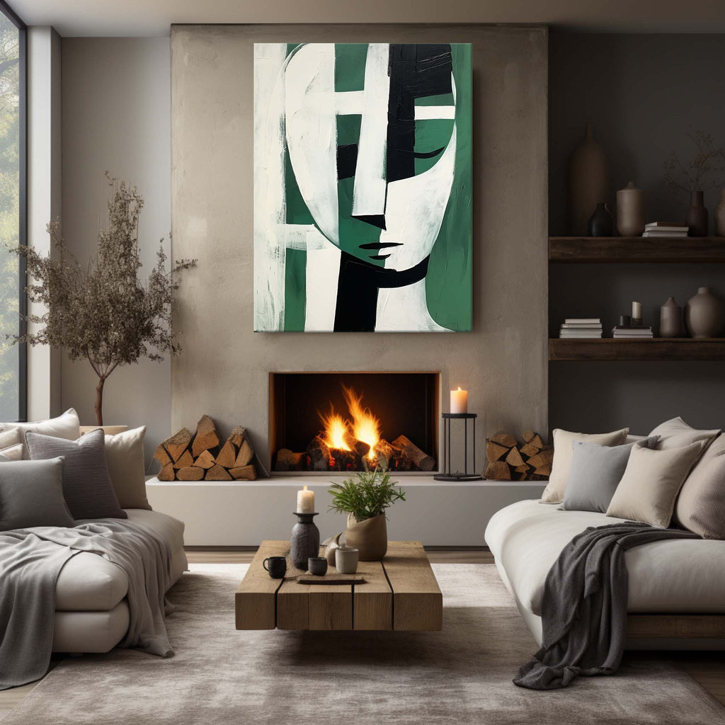 Stylized Geometric Oil Painting Textured Green Black White