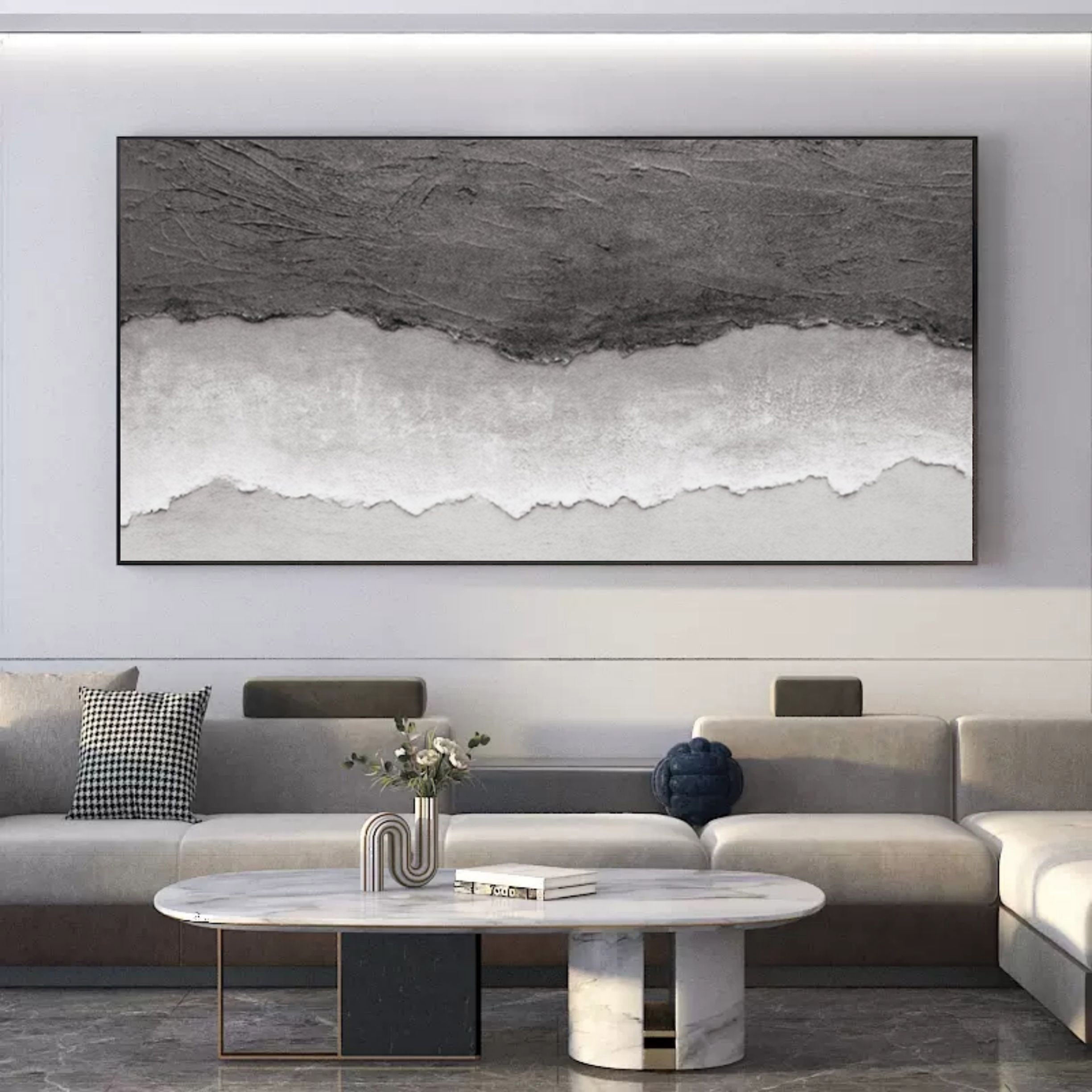 Monochrome Coastal Horizon Bas-Relief Painting
