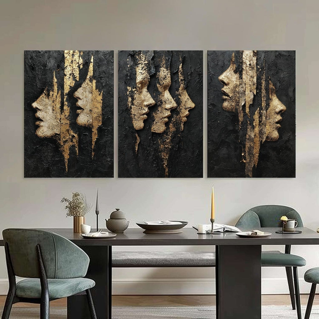 Black and Gold Abstract Faces Triptych Painting