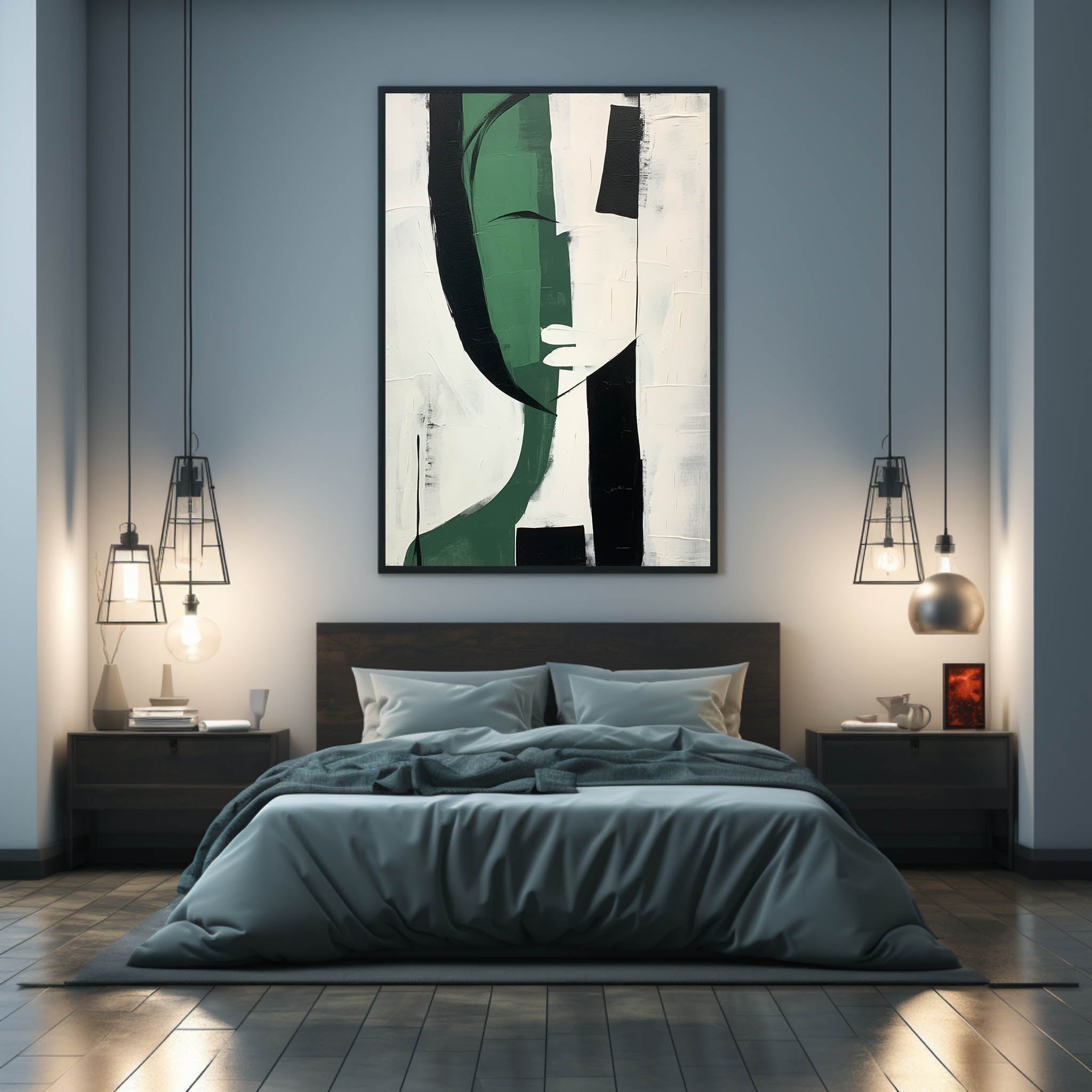 Modern Abstract Female Portrait Painting Green Black