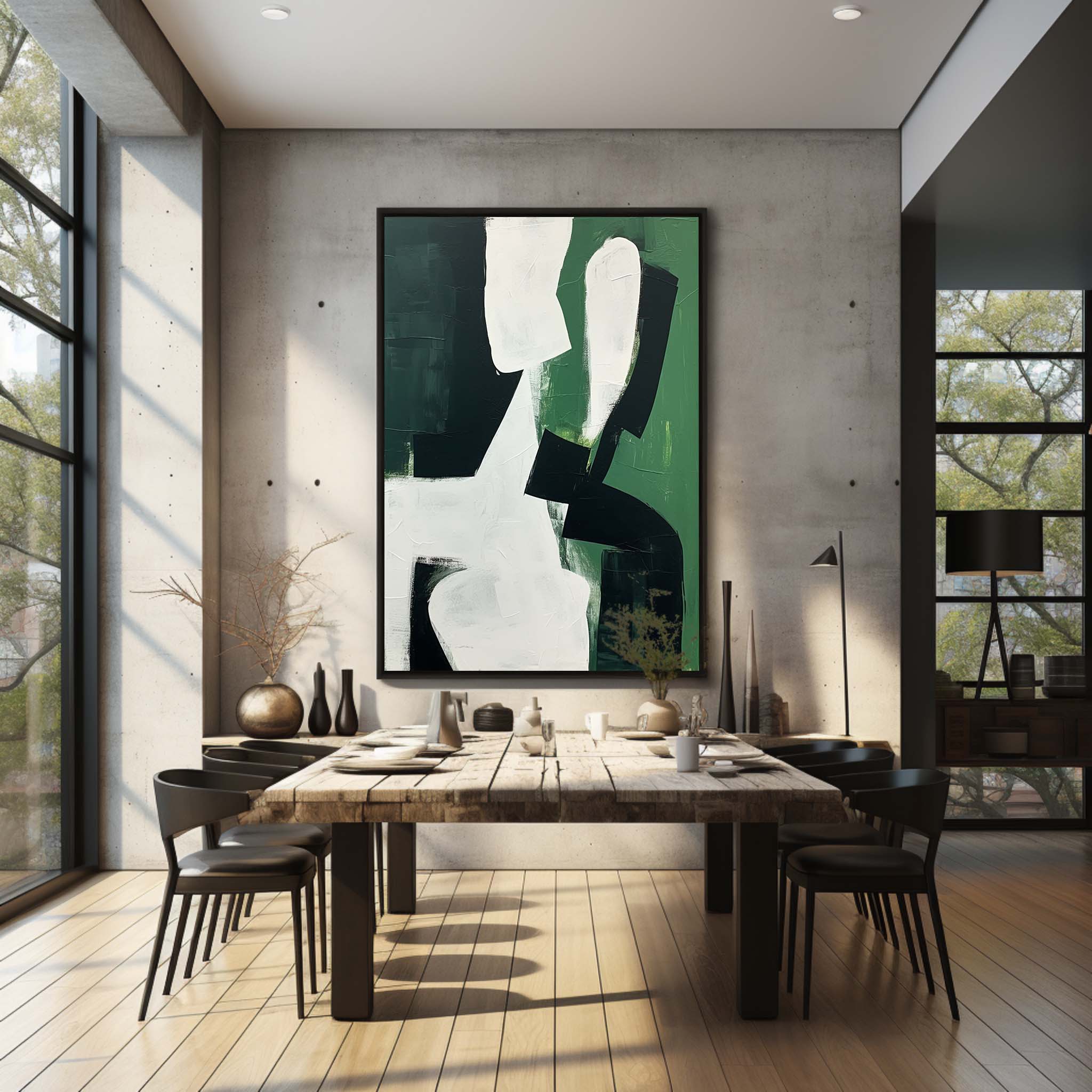 Bold Geometric Oil Painting Textured Dark Green