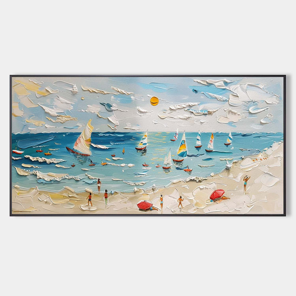 Tactile Coastal Beach Oil Painting Sailboats Bright
